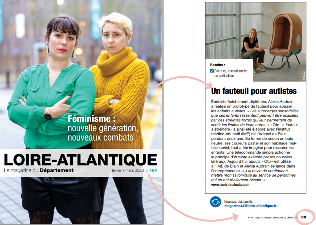 Magazine département Loire-atlantique Article sur le fauteuil à étreindre OTO d’Alexia Audrain pour les personnes autistes.